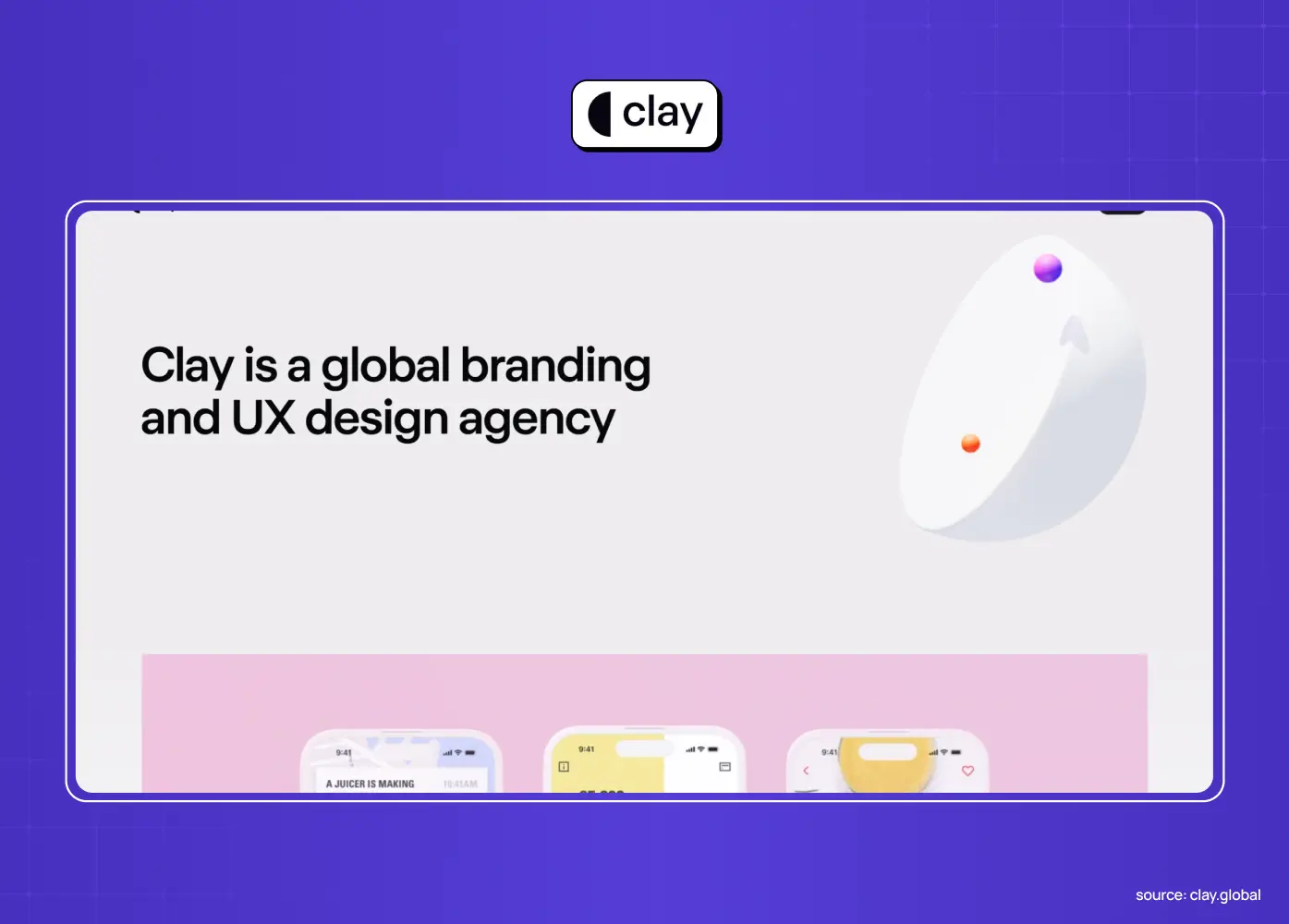Clay branding and UX design agency website with a minimalist layout, bold typography, and mobile product interface previews.