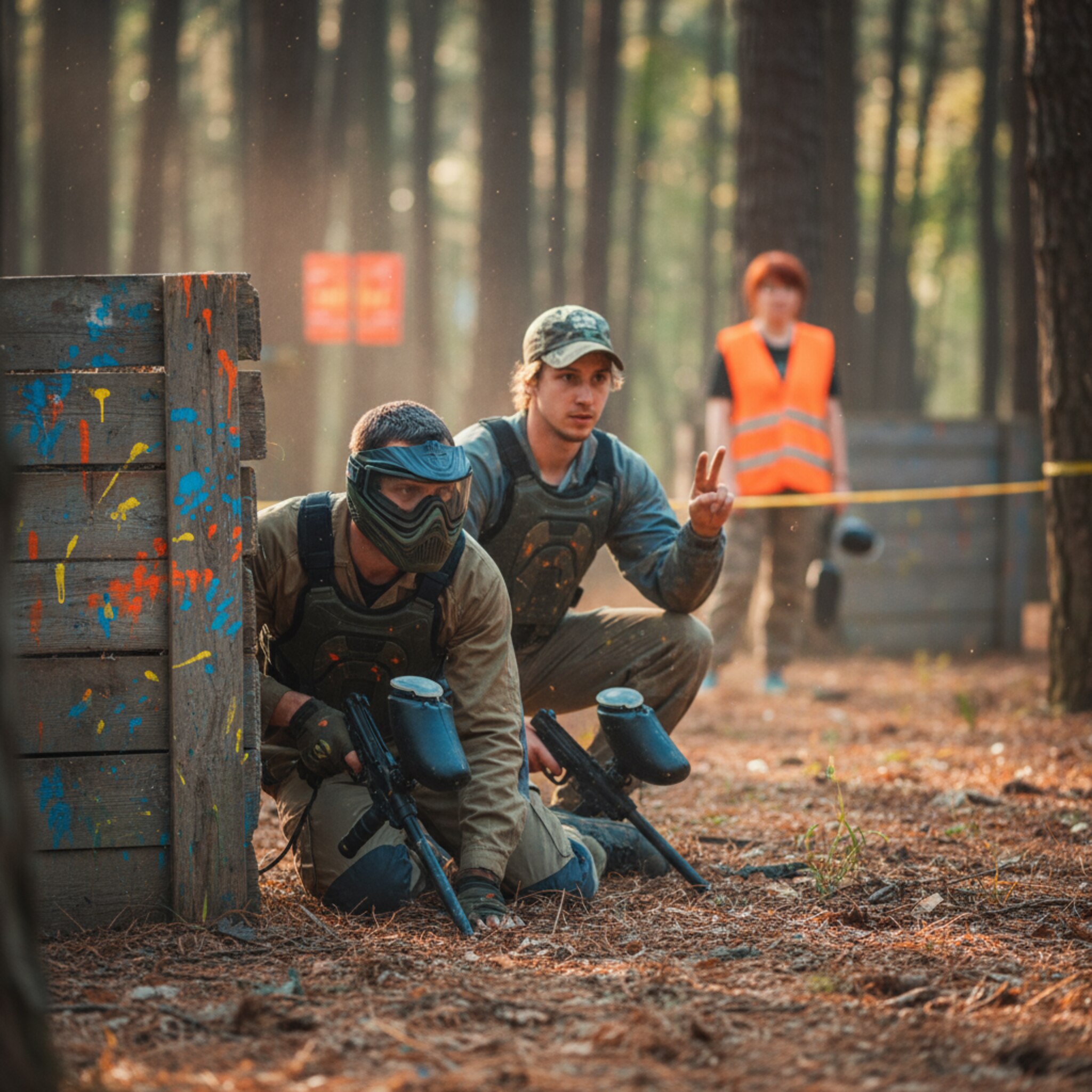 Zwischen hölzernen Deckungen gleitet ein Spieler in die Knie, die Maske spiegelt warmes Nachmittagslicht. Farbkleckse leuchten auf zerkratzten Hindernissen. Ein Teamkollege zeigt kurz zwei Finger Richtung Flagge. Im Hintergrund beobachtet ein Marshal die Szene, leises Laubrascheln mischt sich mit gedämpften Rufen.