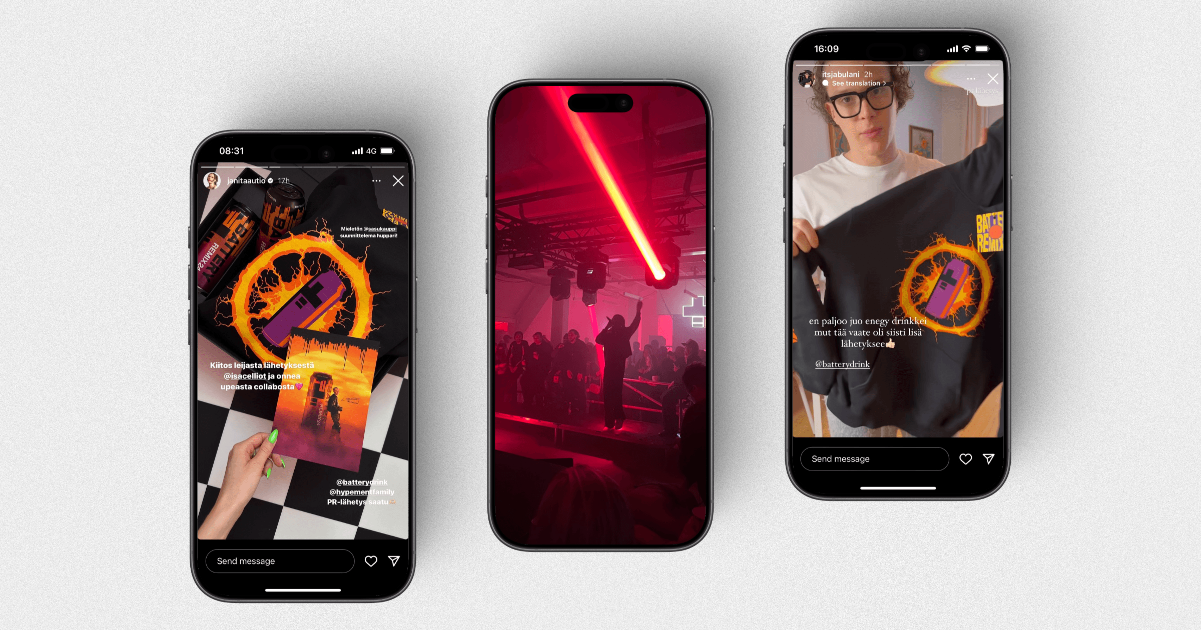 three iphone mockups showing social and live examples of remix 24 launch details