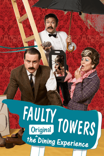 Faulty Towers Dining Experience cast in comedic poses with red wallpaper background.
