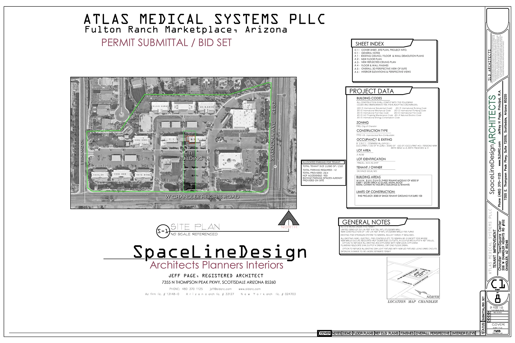 Medical center permit drawings with site plan and project summary in Tempe Arizona.
