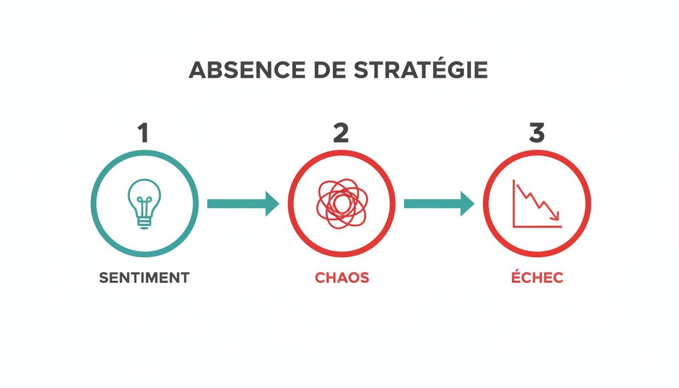 Infographie montrant l'absence de stratégie, menant du sentiment initial au chaos puis à l'échec final.