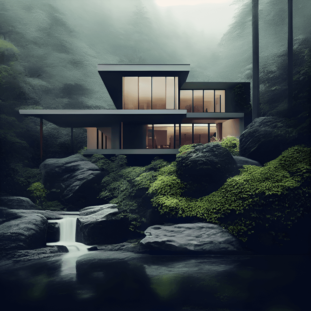 Modern multi-level house with large glass windows nestled among mossy rocks and a small waterfall in a misty forest setting
