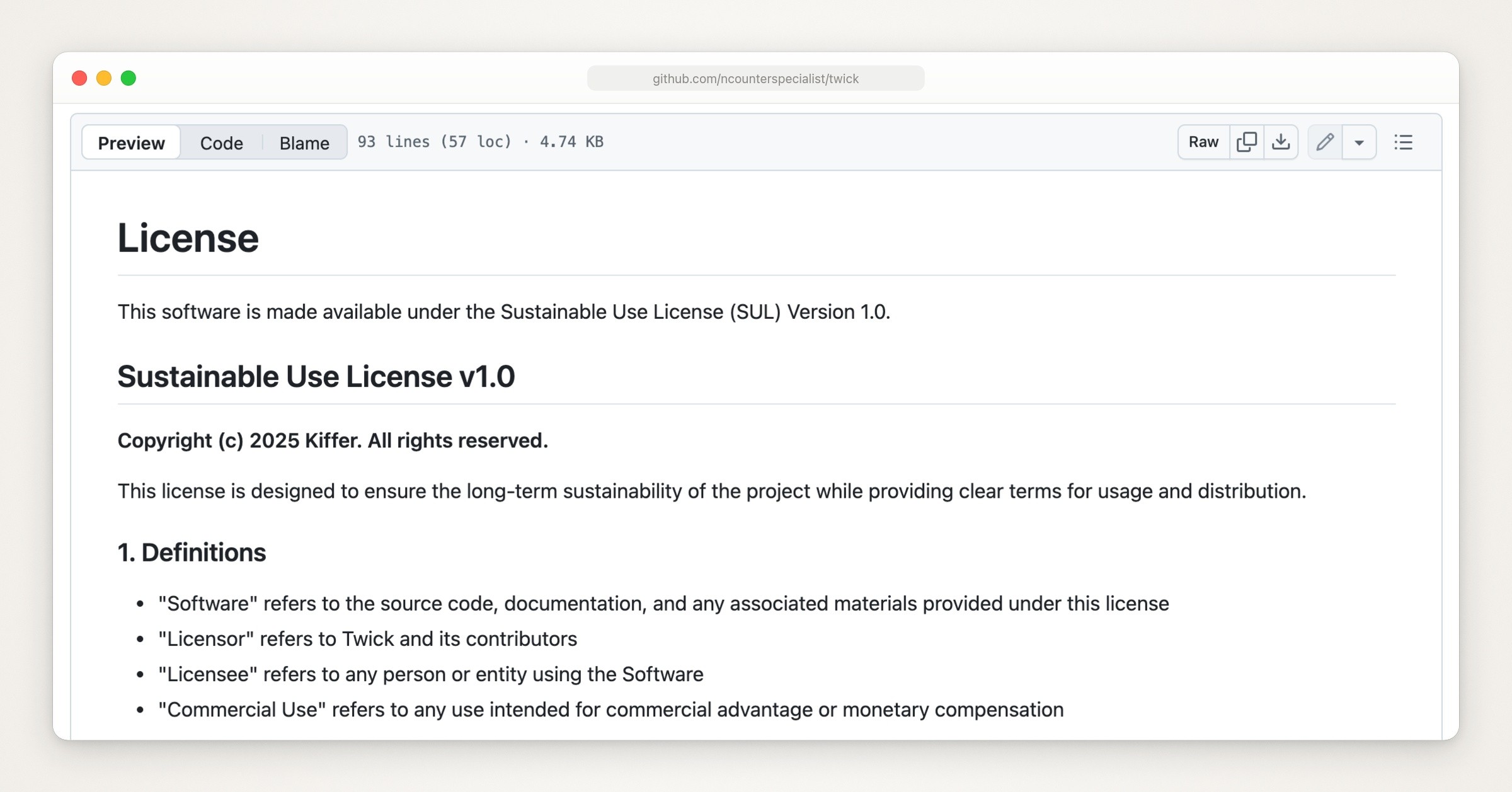 Twick’s LICENSE.md on GitHub, opening with the line that the software is made available under the Sustainable Use License (SUL) Version 1.0
