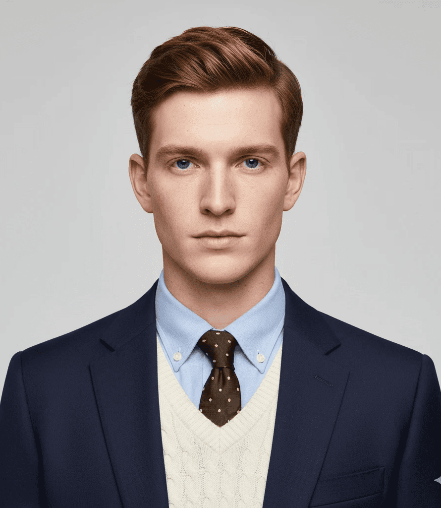 Red-haired man in navy suit, light blue shirt, and polka-dot tie posing formally.