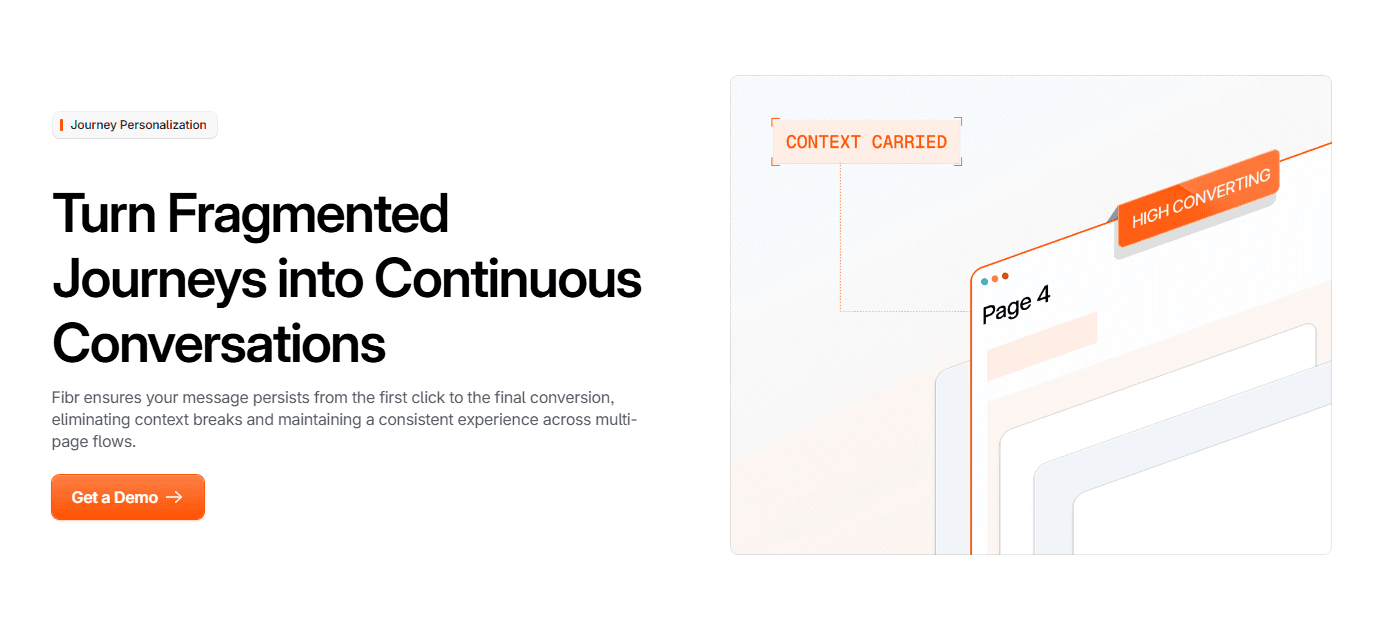 Alt text: Fibr landing page section promoting Journey Personalization with a bold headline, orange CTA button, and illustration showing context carried across multiple pages.