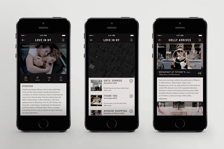 Three smartphones display different screens: the leftmost shows “LOVE IN NY” with a photo of a couple embracing; the center displays “LOVE IN NY” with a map and event listings; the rightmost shows “HOLLY ARRIVES” with a photo of a woman in a restaurant and a description.