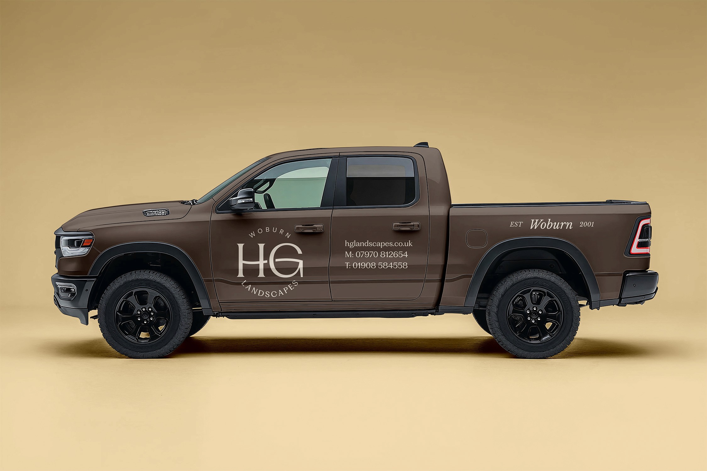 A brown pickup truck viewed from the side, with a minimalistic background.