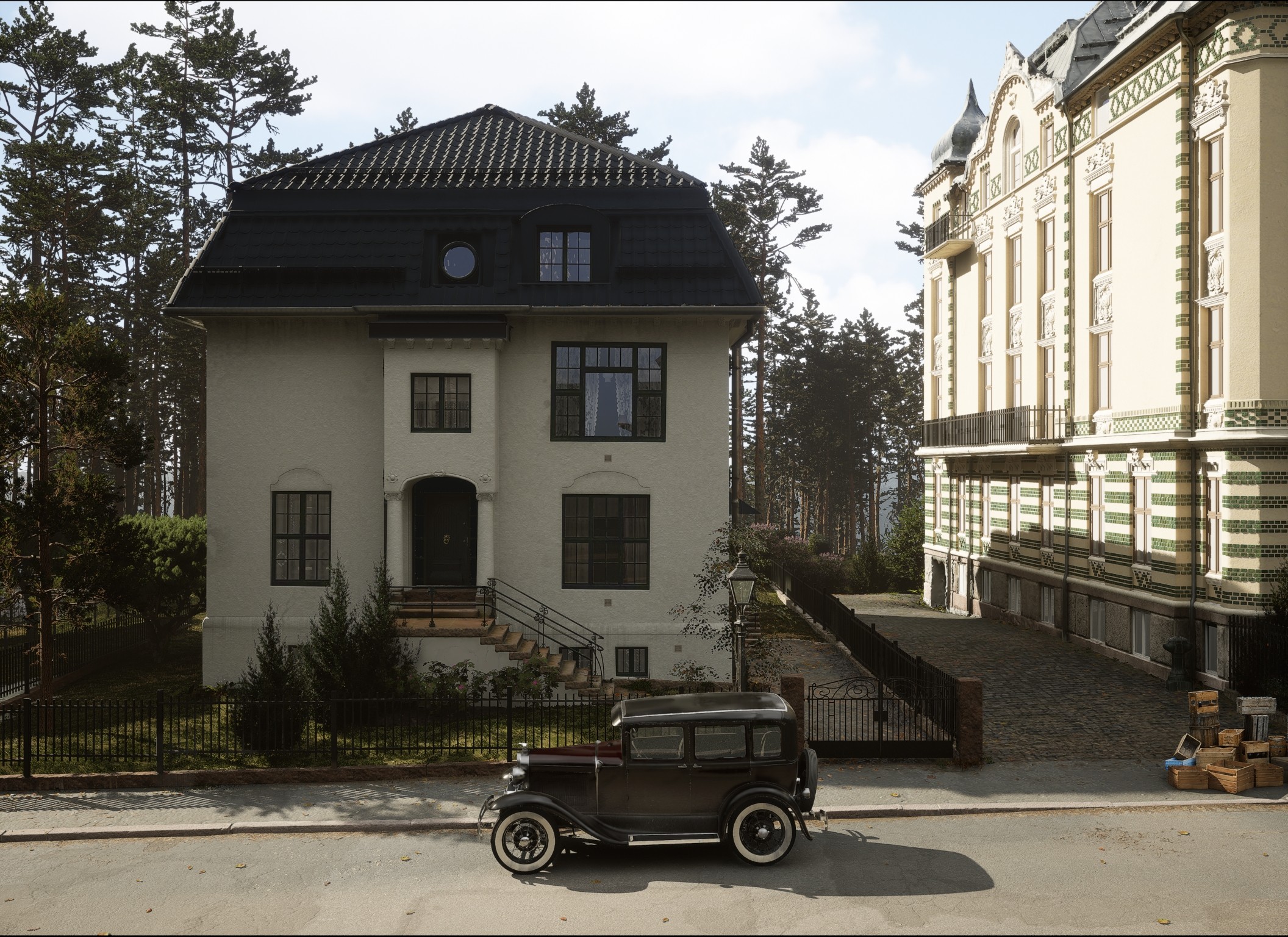 Two buildings, a small tree, and an older car in 1934.