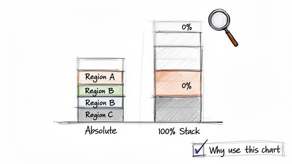 A hand-drawn sketch comparing an absolute stacked bar chart with a 100% stacked bar chart.