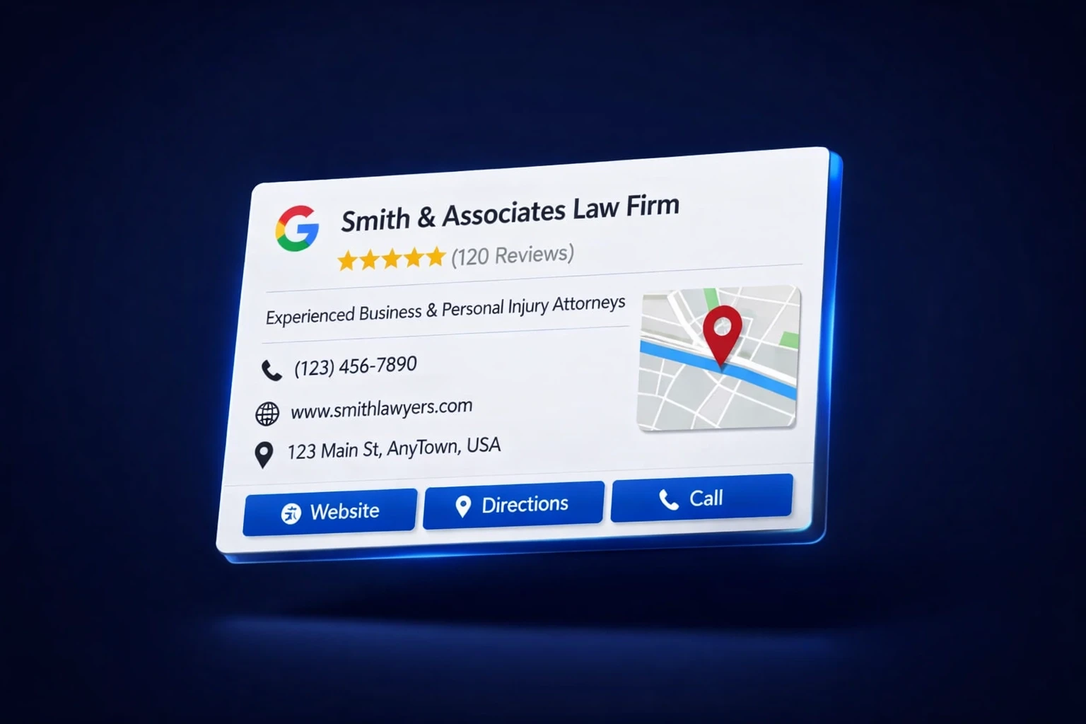 Optimised Google Business Profile for law firm with five-star reviews and complete local information