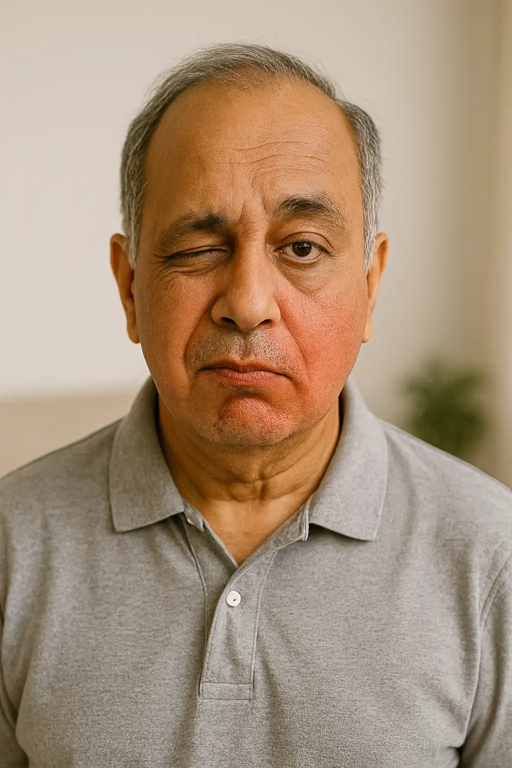 Man with facial muscle weakness and drooping on one side of the face, indicating Bell’s palsy.