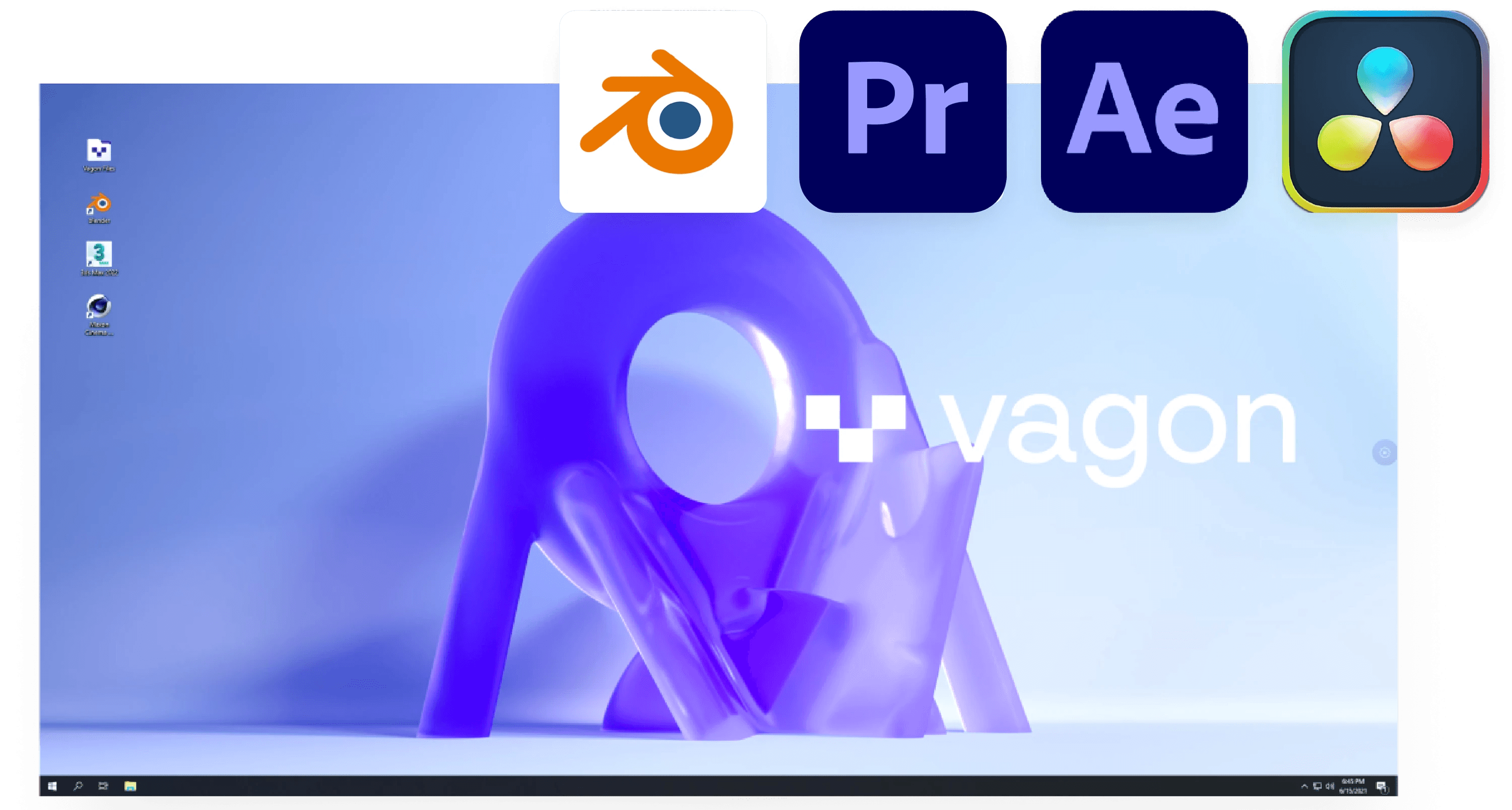 Vagon Cloud Computer desktop running creative software icons including Blender, Adobe Premiere Pro, After Effects, and DaVinci Resolve.