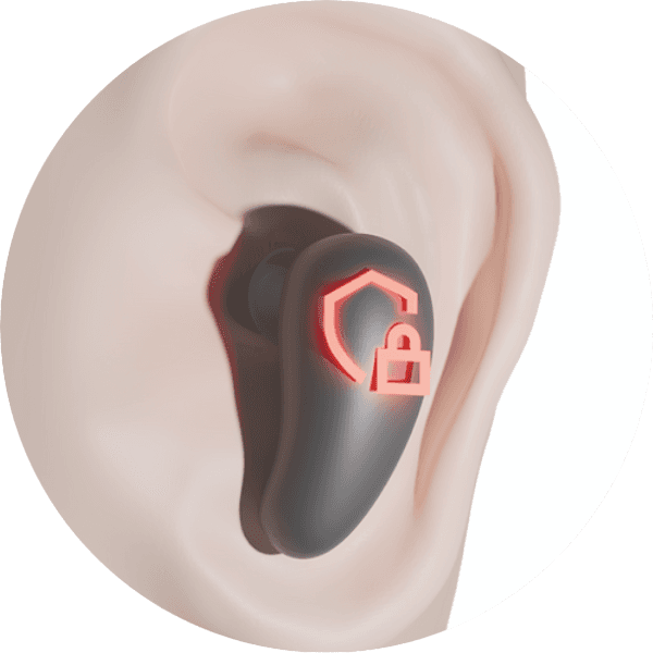 3d render of an earphone inside an ear, a password protected sign lights up on the earphone