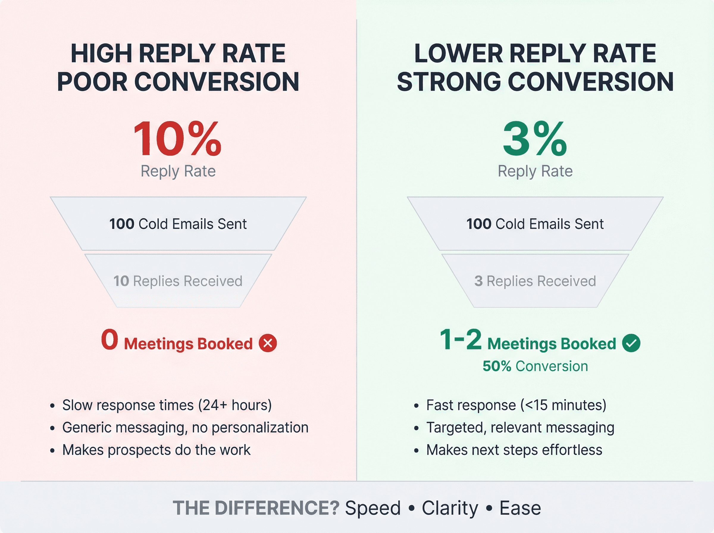 Split comparison showing high reply rate with zero meetings versus lower reply rate with 50% conversion to calls
