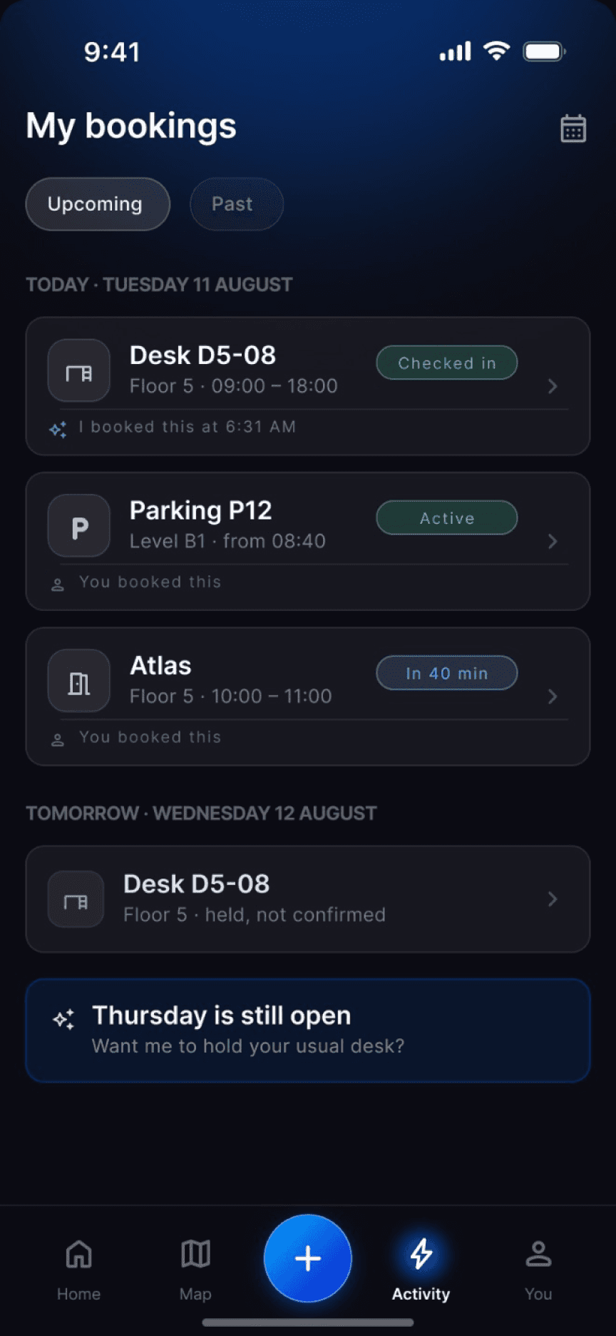 My bookings list with Atlas still held in 40 minutes