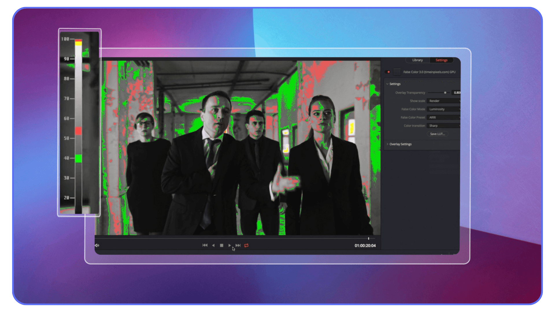 DaVinci Resolve viewer using false color mode to highlight exposure levels on a group of people walking through an industrial hallway.