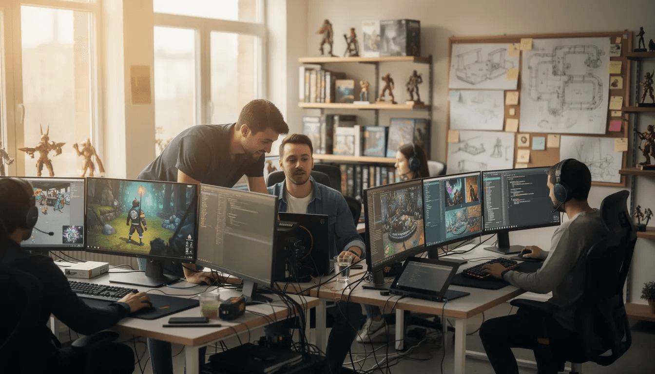 In a vibrant creative studio, game developers are collaborating at multiple computer workstations, engaging in discussions about industry trends and effective market research strategies. They focus on gathering actionable insights to enhance their games and better understand consumer behavior within their target market.