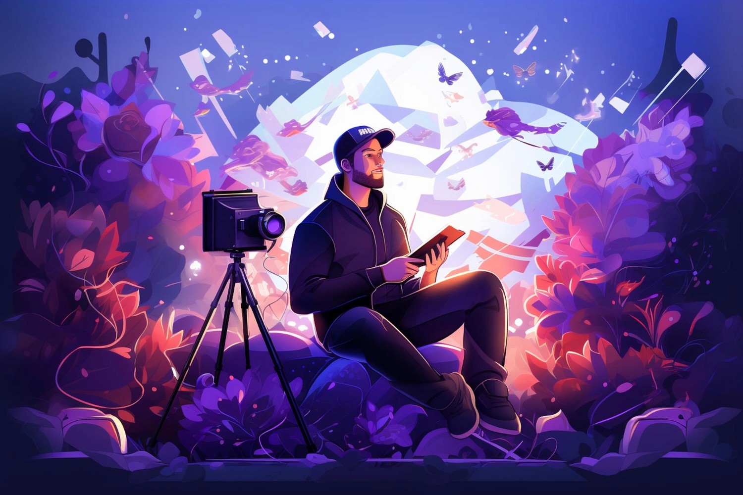 A digital illustration of a man sitting outdoors with a camera on a tripod, holding a tablet and surrounded by vibrant purple and pink foliage, symbolizing creativity and AI video generation in an imaginative environment.