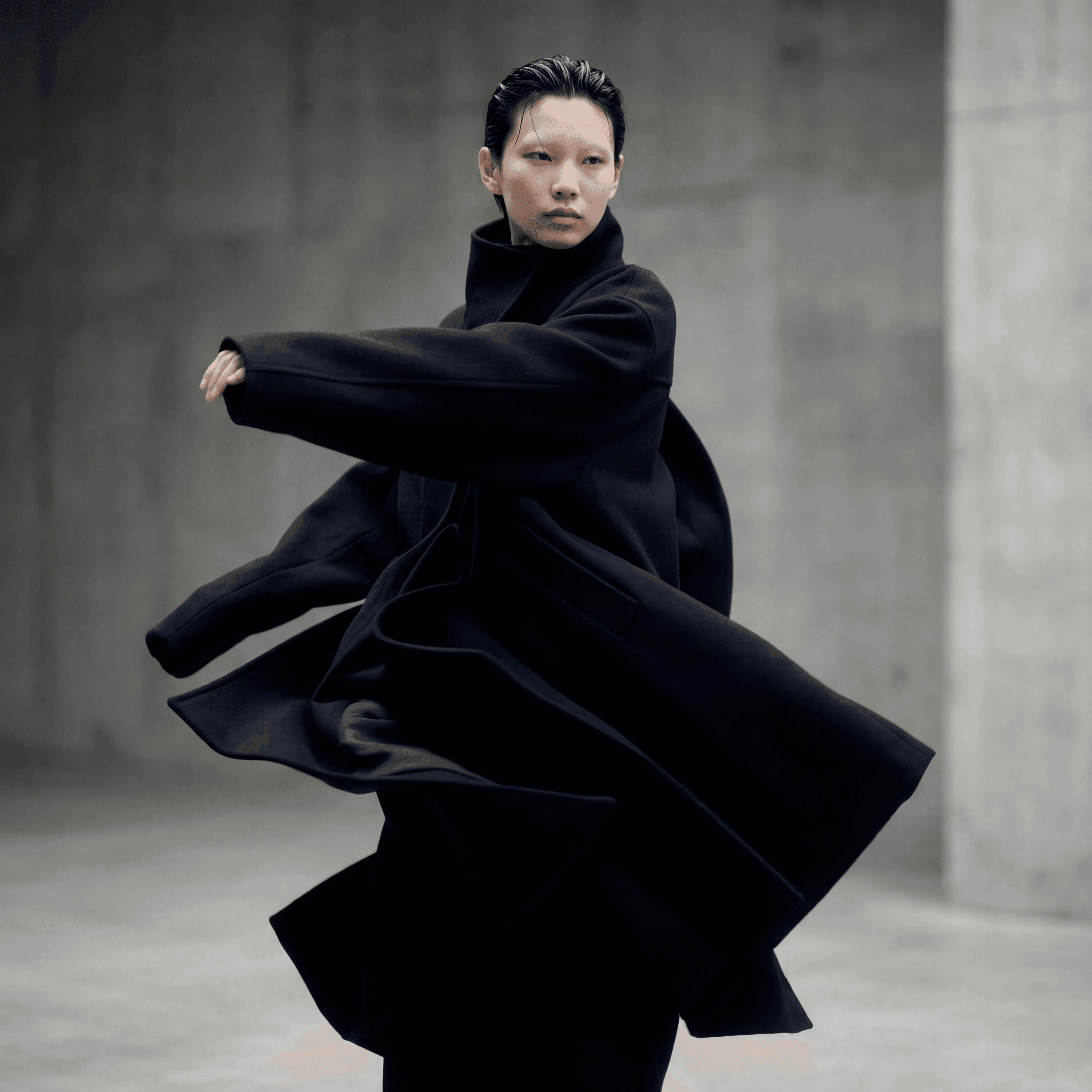 Synthetic skin texture synthesis merging with raw concrete, Pierre Soulages Outrenoir color grading, Arri Alexa 35 sensor depth, Digital Human Hybrid, Engineered by Aventi