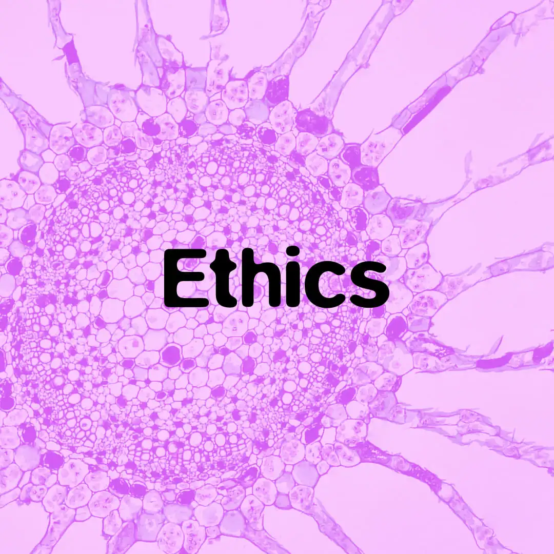 The word "Ethics" in bold black text centered over a purple-tinted microscopic view of a plant cell structure.