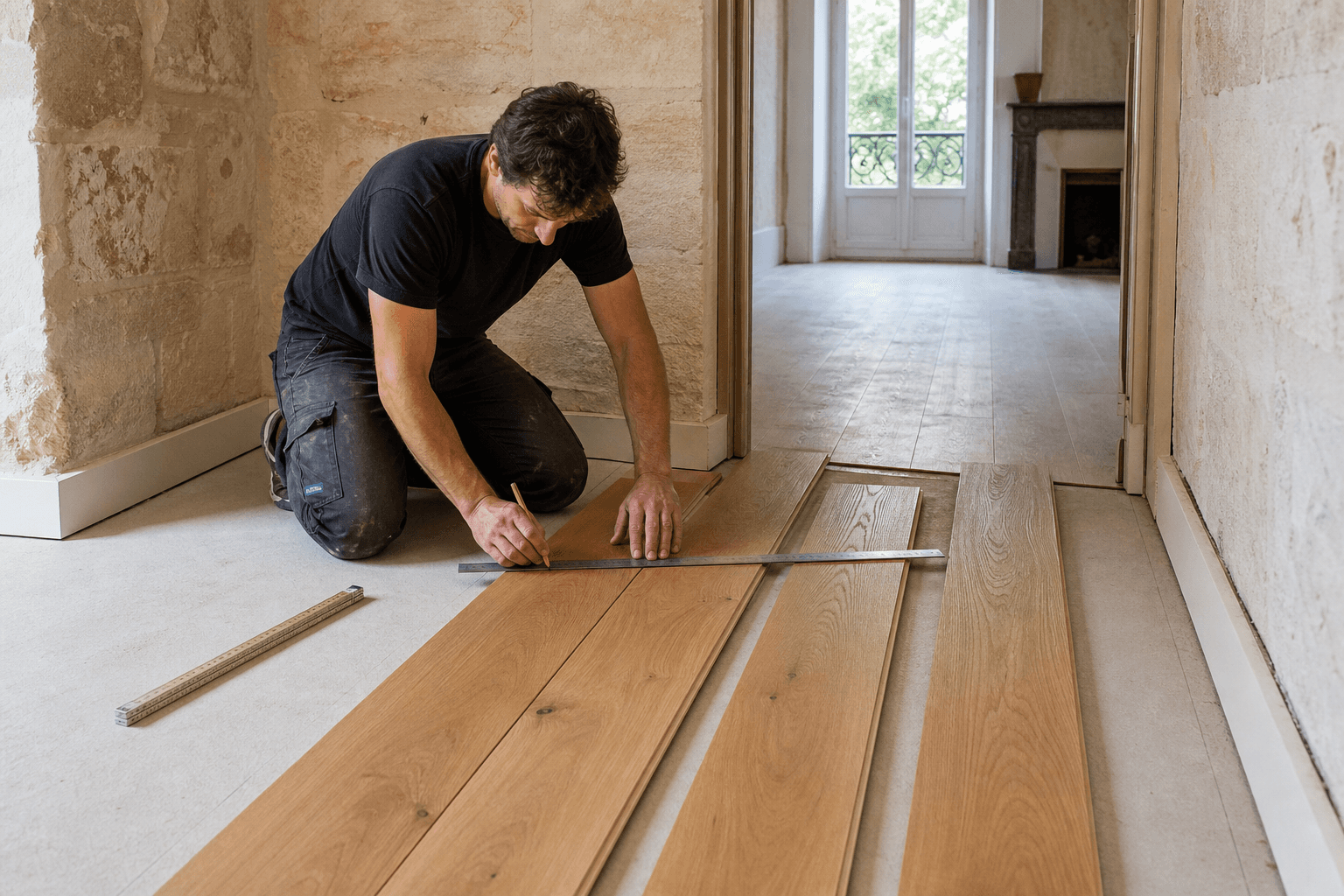 Artisan préparant le calepinage de lames de parquet dans un appartement bordelais