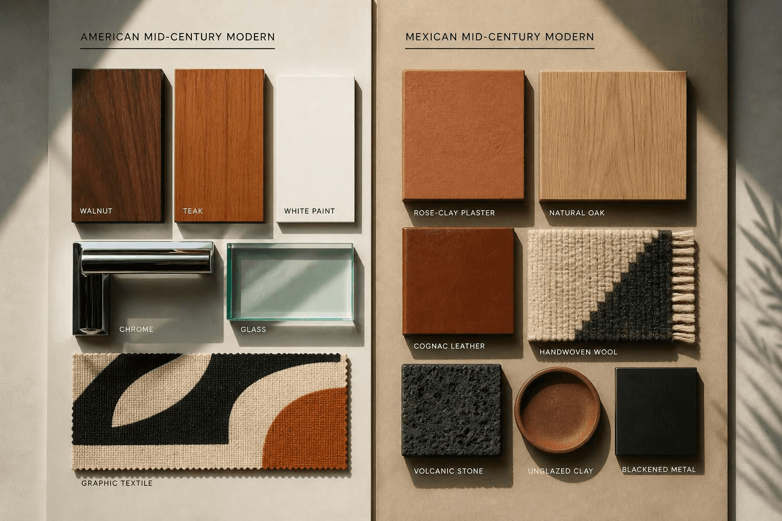 Assorted material samples including walnut, teak, white paint, chrome, glass, rose-clay plaster, oak, leather, wool, volcanic stone, clay, and blackened metal.