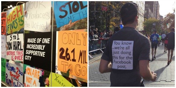  Signs on display at the New York City Marathon, and one clever t-shirt worn by a runner in NYC 