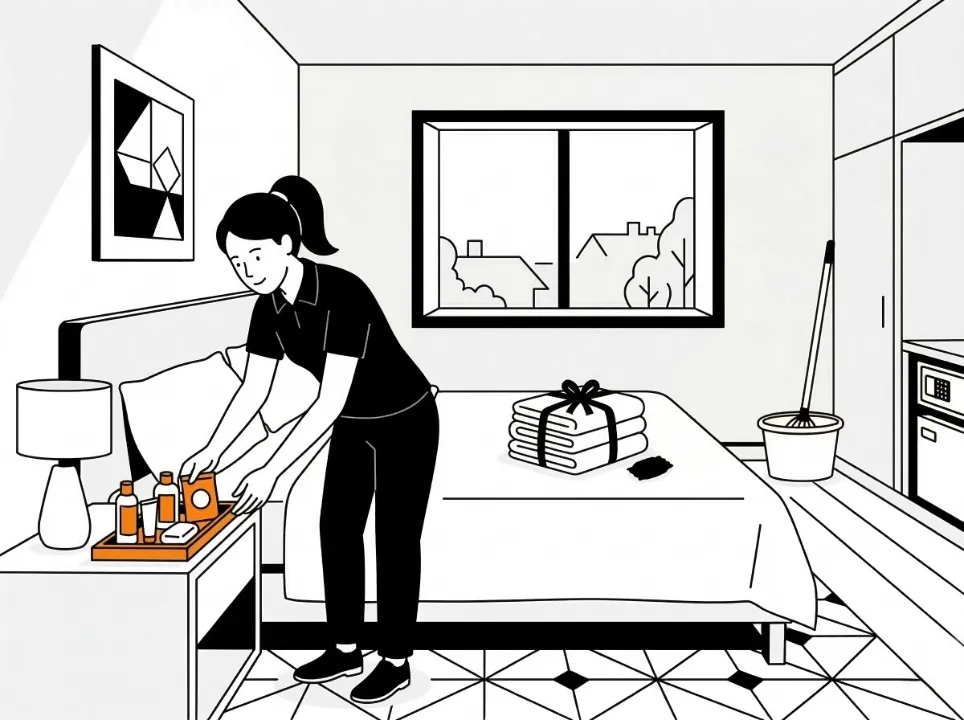 Femme de ménage Widy's disposant des articles de toilette sur une table de nuit dans une chambre d'hôtel propre et moderne._res