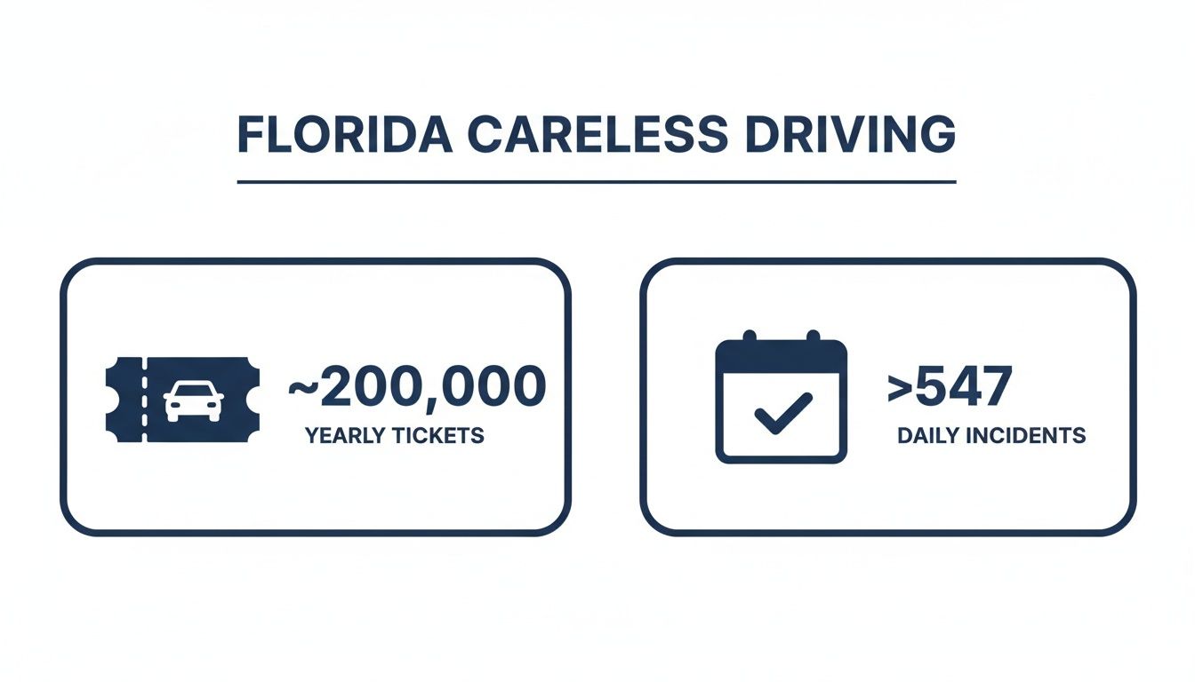 Infographic detailing Florida careless driving statistics: ~200,000 yearly tickets and over 547 daily incidents.