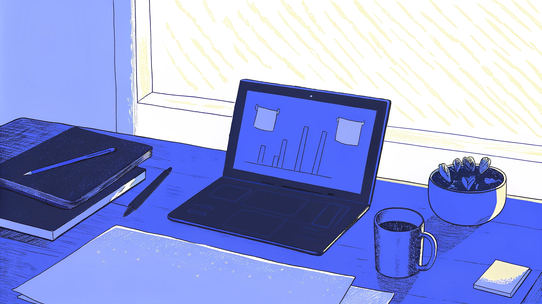 Editorial desk with legal documents, abstract AI panel, and upward-arrow paperweight symbolizing AI transformation ROI