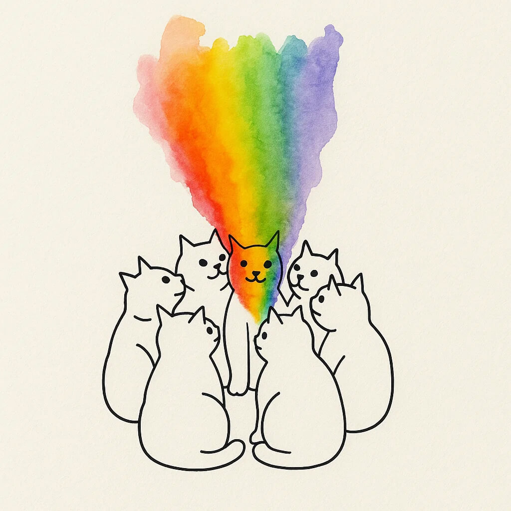 Whimsical illustration of rainbow-shooting cats — representing deep group experiences, emotional openness and transformation through GUFR’s meta-trainings.