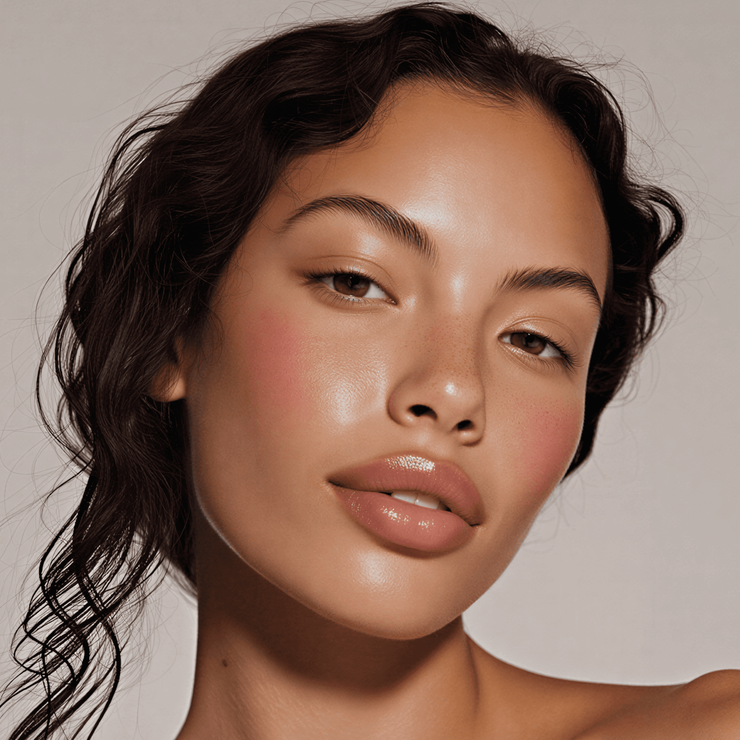 Beautiful woman smiling at the camera with a plain background