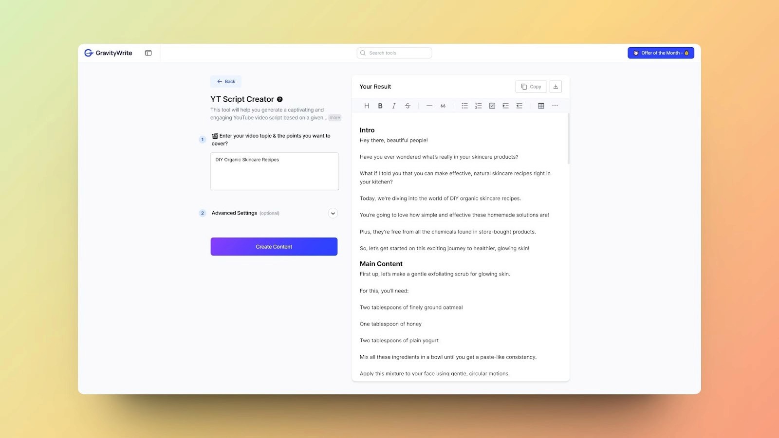 An image of GravityWrite's YT Script Creator tool displaying an example script for DIY organic skincare recipes, including intro and main content sections.