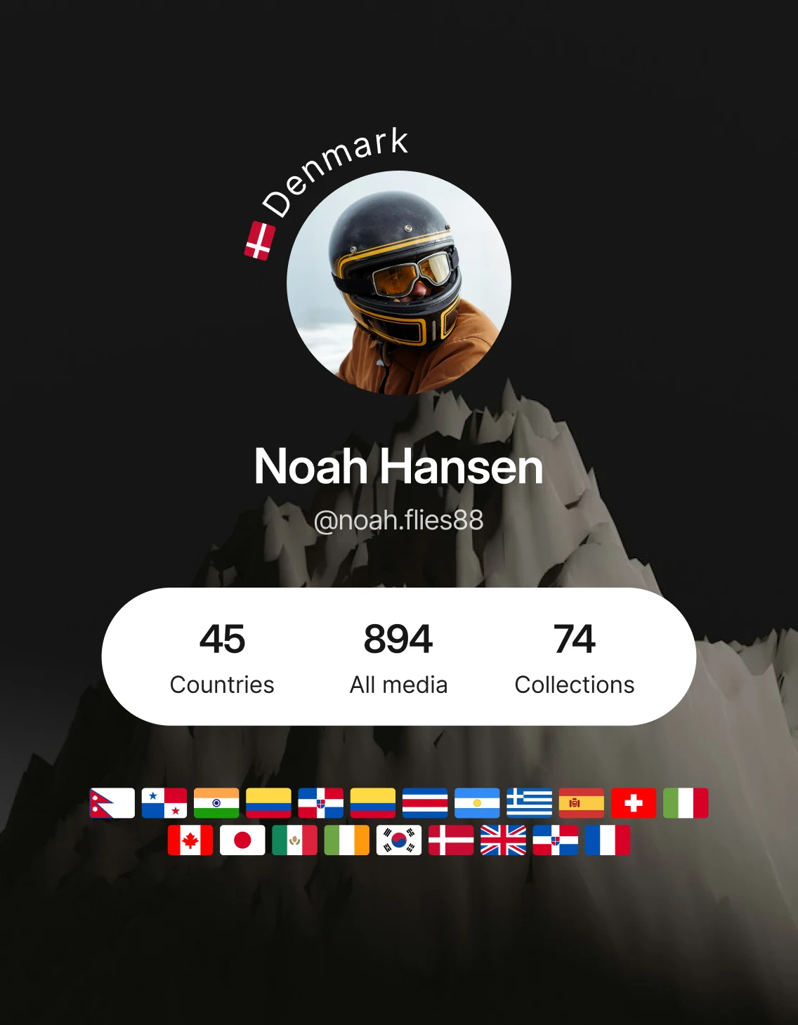 Premium travel profile template featuring traveler statistics, flags, and profile design.