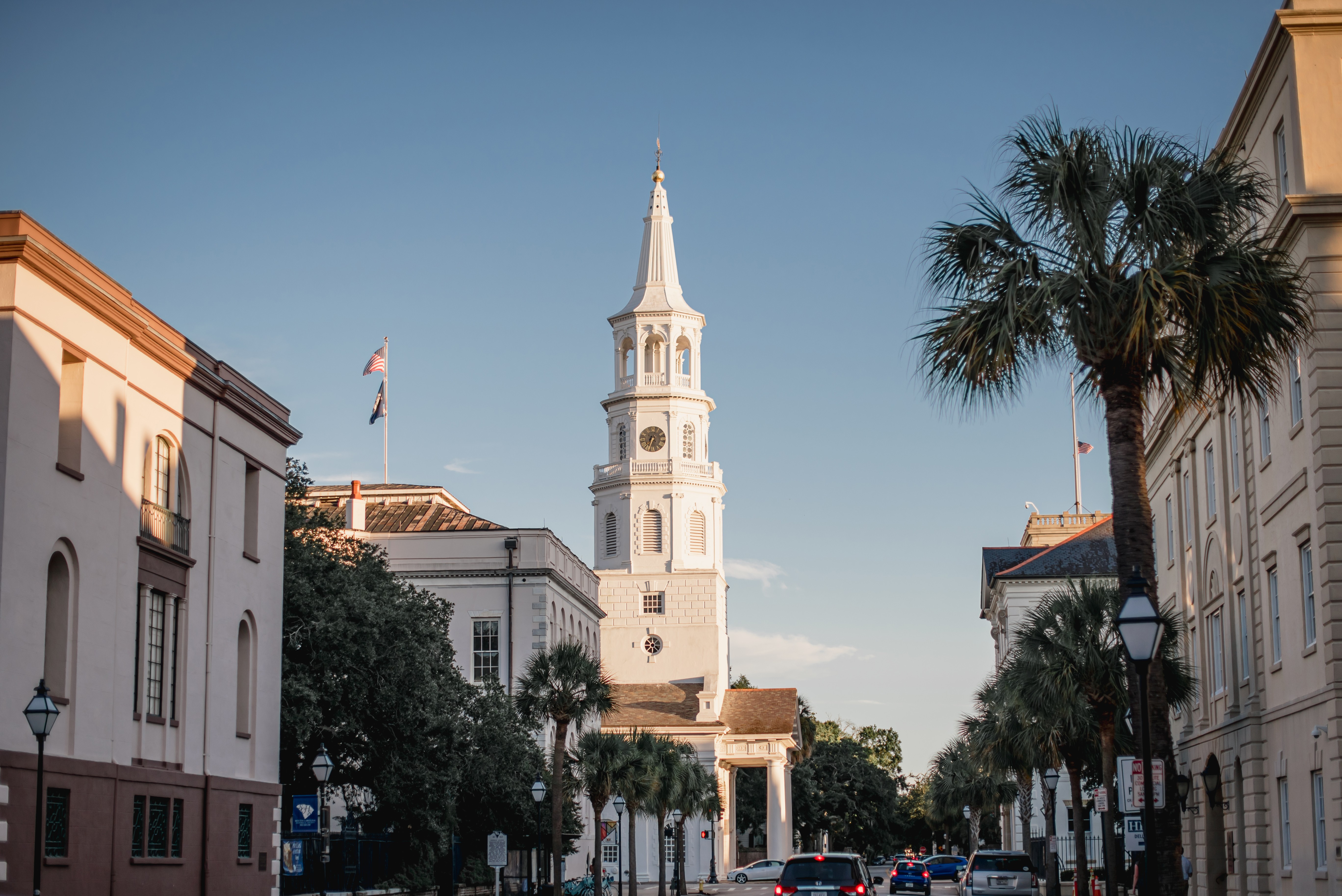 Historic Charleston street with church steeple