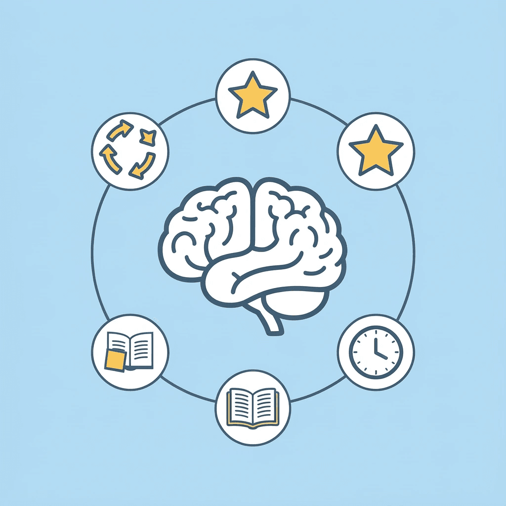 Central executive function skills icon connected to four surrounding concepts: academic success, self-regulation, learning outcomes, and child development