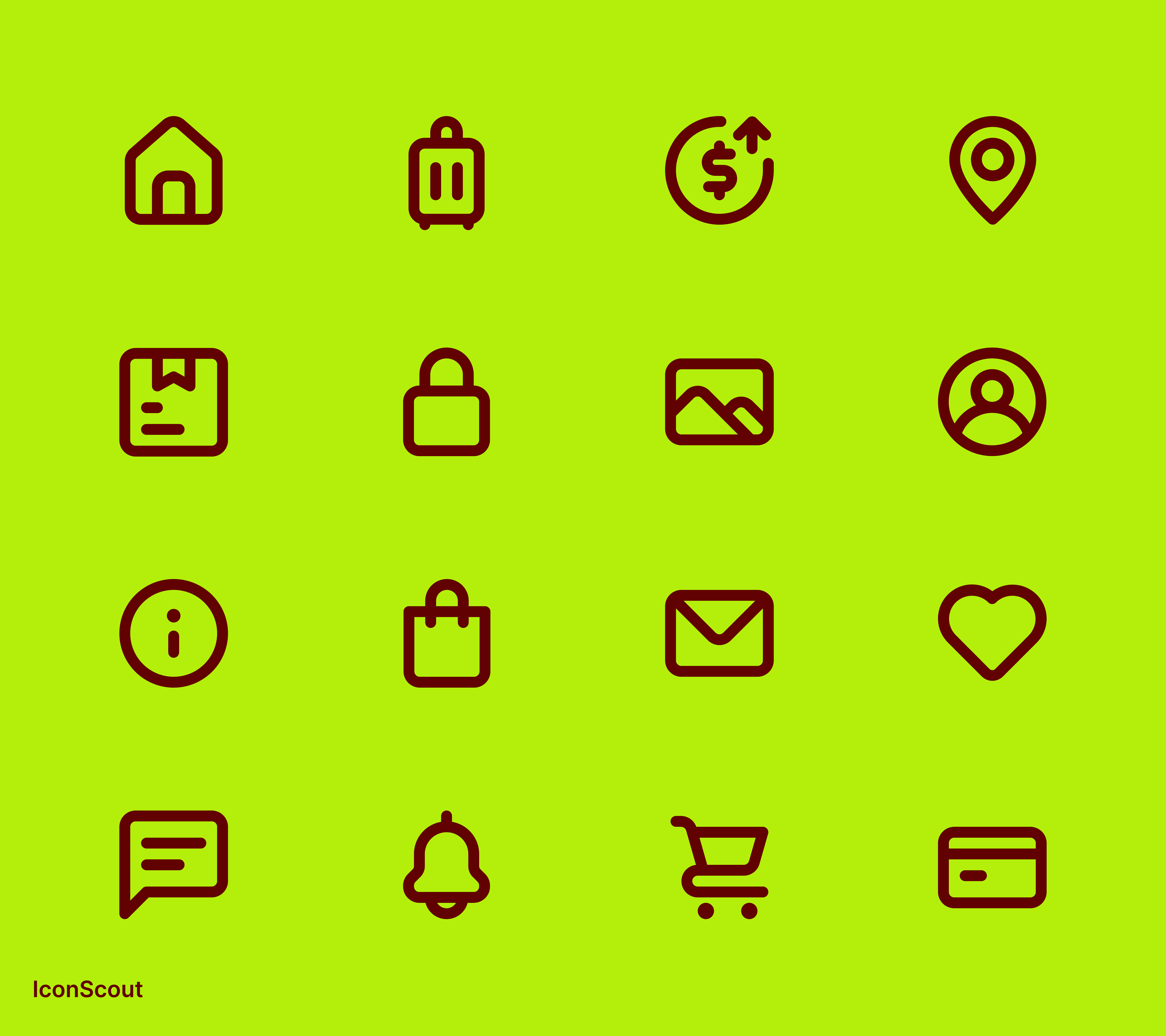 Grid of brown line icons for interface use, including home, cart, heart, user, and lock symbols, displayed on a bright lime green background.