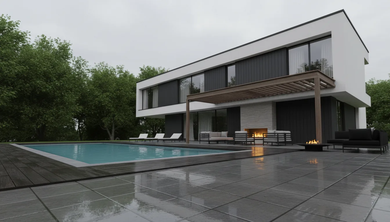 Photorealistic 3D architectural rendering in the style of Twinmotion, low-angle shot of a modern two-story minimalist house with a backyard pool. The scene is lit by soft, overcast daylight, creating strong, glossy reflections on the wet dark wood deck and stone paver patio. The house features white stucco and dark gray siding, with a large wooden pergola over an outdoor living area with a lit stone fireplace. A second fire pit glows next to a modern black sectional sofa. Lush green trees are visible in the background under a cloudy sky. Hyperrealistic details, soft global illumination.