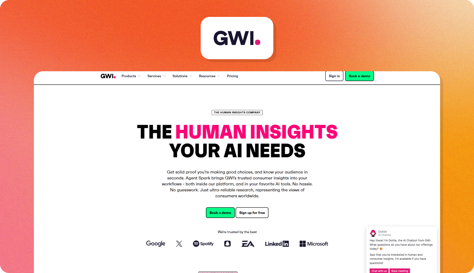 GWI homepage with the headline "The Human Insights Your AI Needs," describing its Agent Spark feature, with client logos including Google, X, Spotify, Snapchat, EA, LinkedIn, and Microsoft, plus an AI chatbot widget from "Dottie" in the corner.