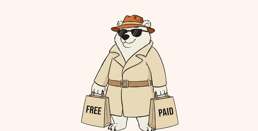 Illustration of a bear carrying two shopping bags. One bag has "free" written on it, the other one "Paid"