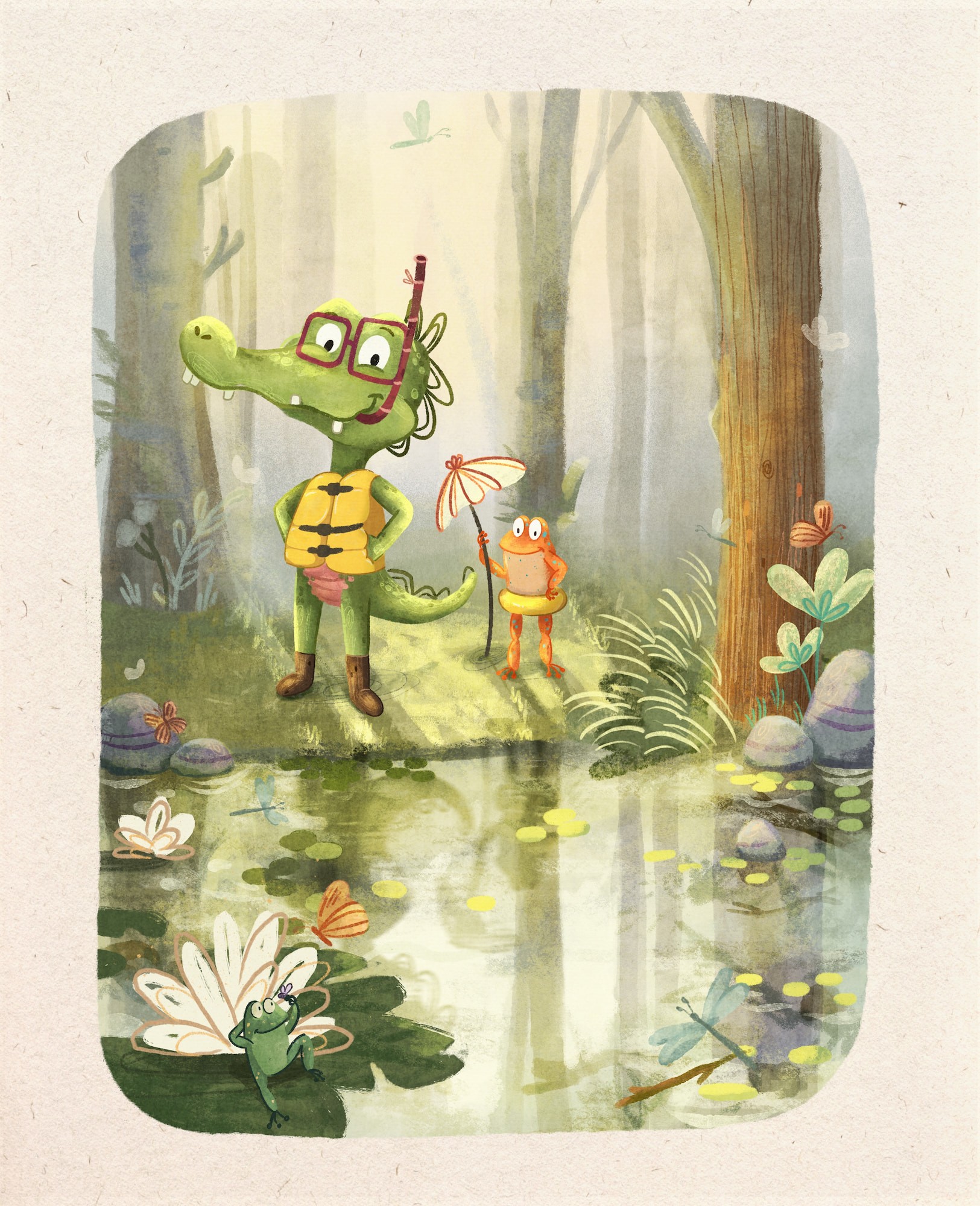 A peaceful lake scene where a crocodile and a frog feel confident entering the water while wearing life jackets.