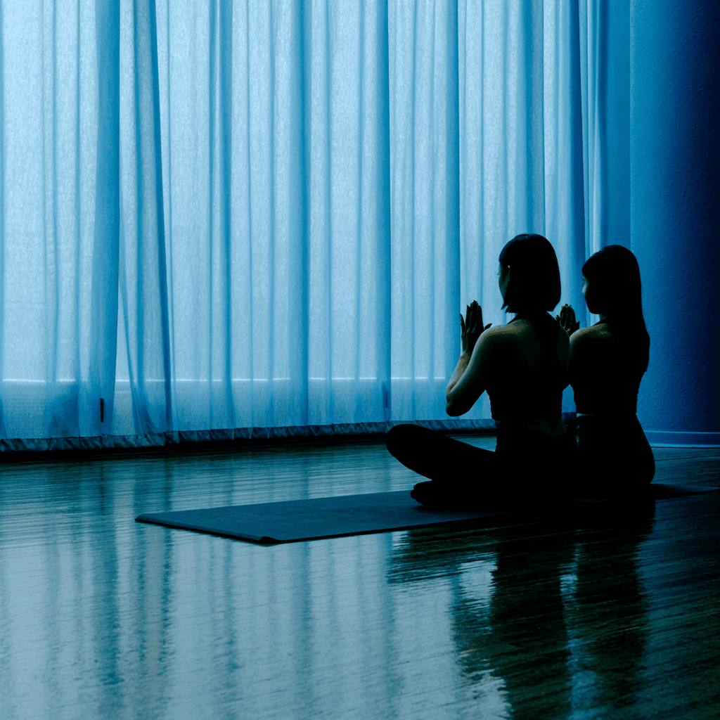 A group of 2 women in a blue dimly lit room, with light hitting the blue curtains.
