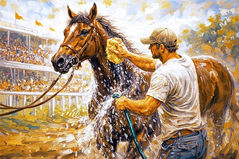 A dedicated stable groom gently brushes the thoroughbred after the race.