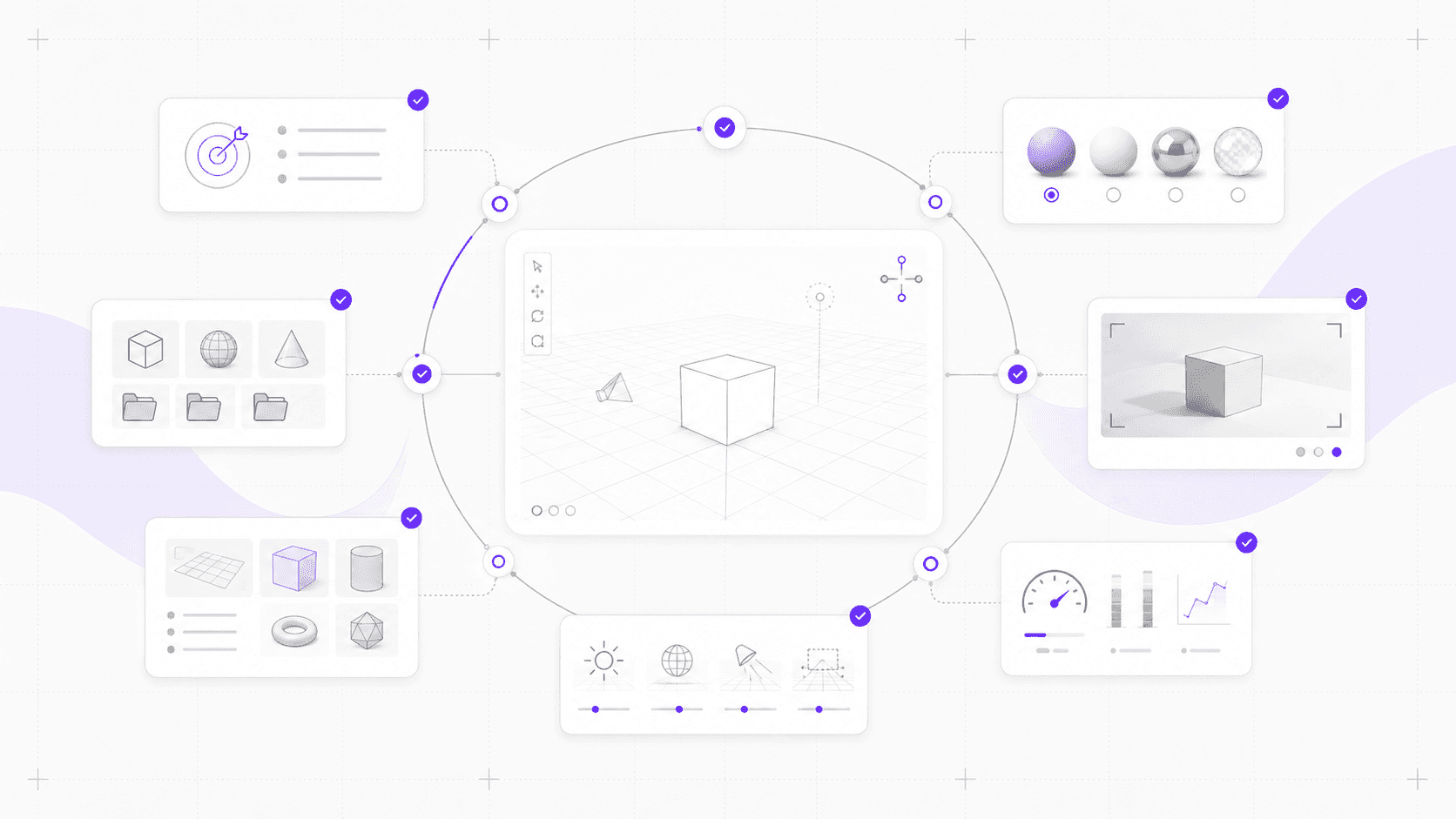 Minimal Blender first-session workflow with a central 3D viewport, connected setup cards, material options, render preview, and performance indicators.