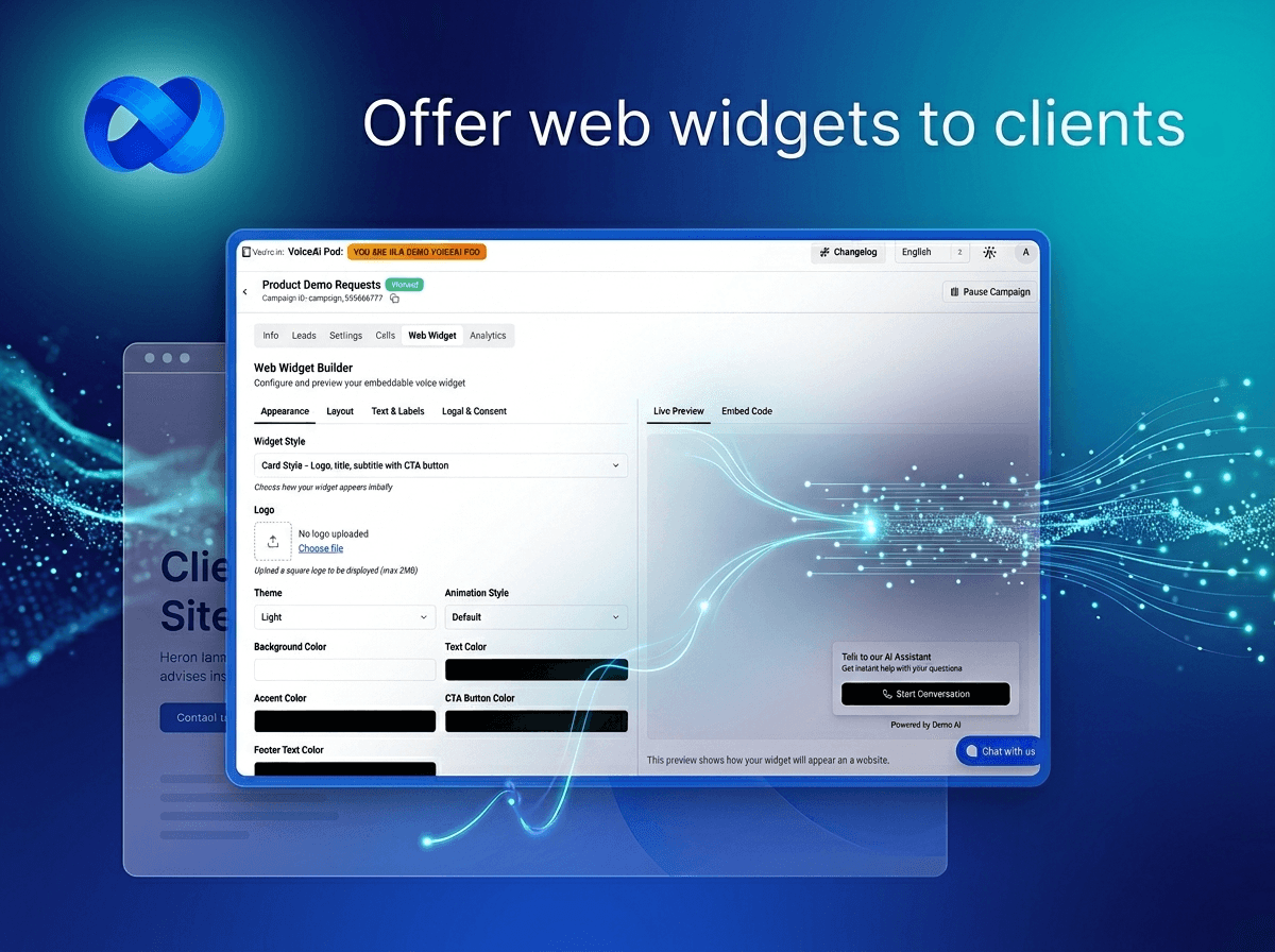 AI calling white-label split feature with structured inbound data capture, branded website voice and chat widget embed, and multi-channel client portal billing | VoiceAIWrapper.