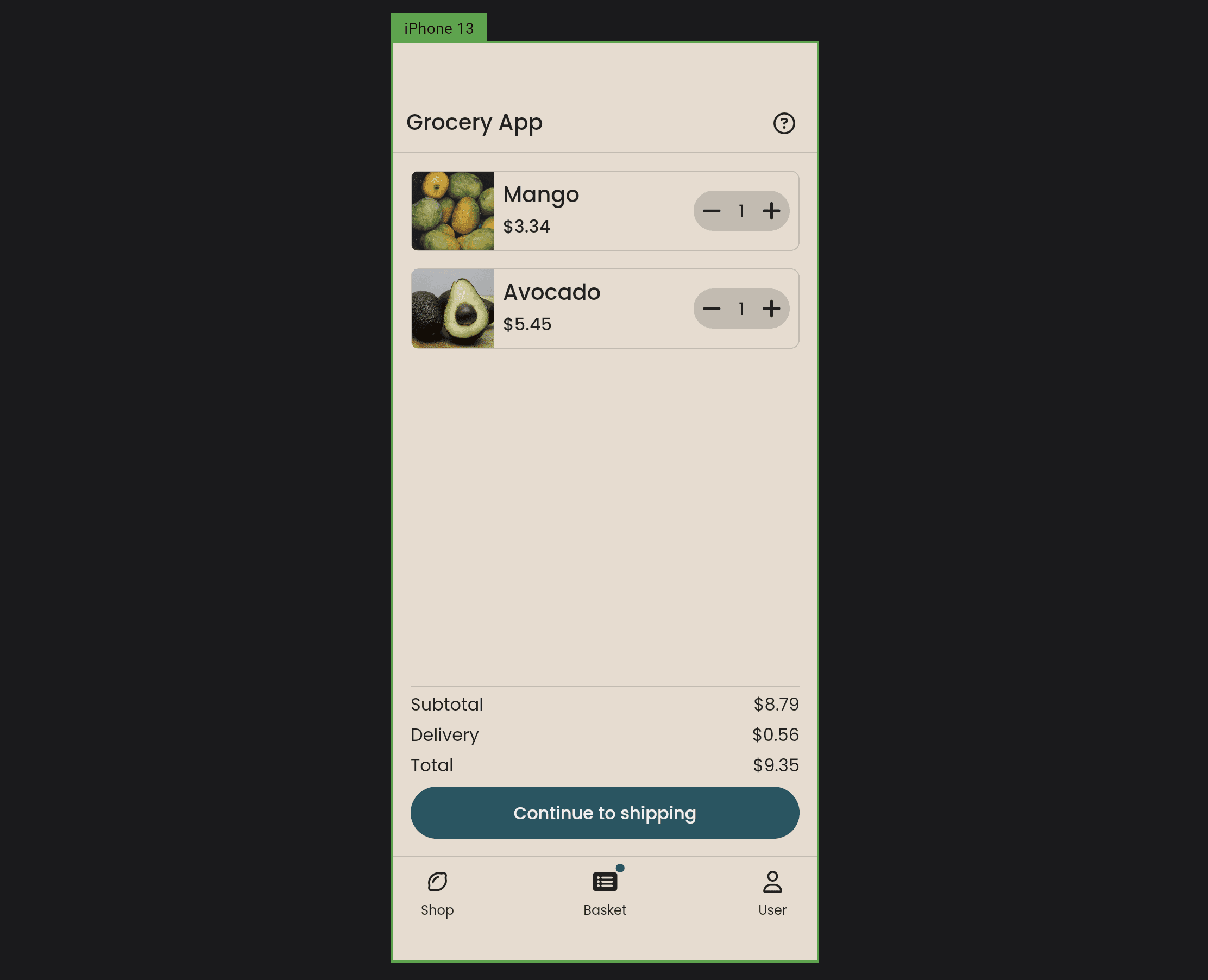 BasketScreen of the open-source Grocery App