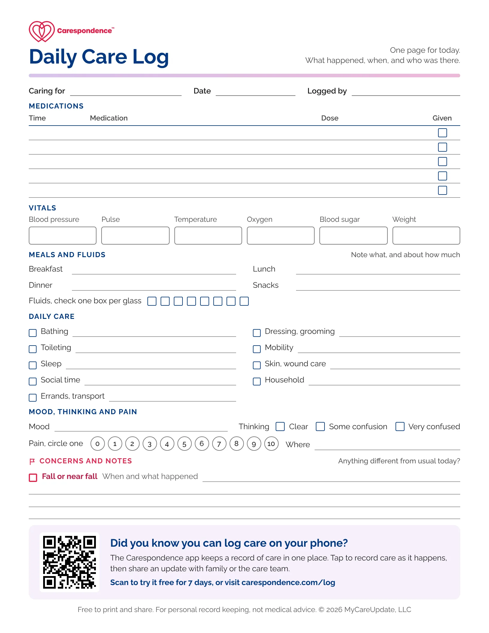 Preview of the Carespondence printable daily care log, with sections for medications, vitals, meals, daily care, mood, and concerns.