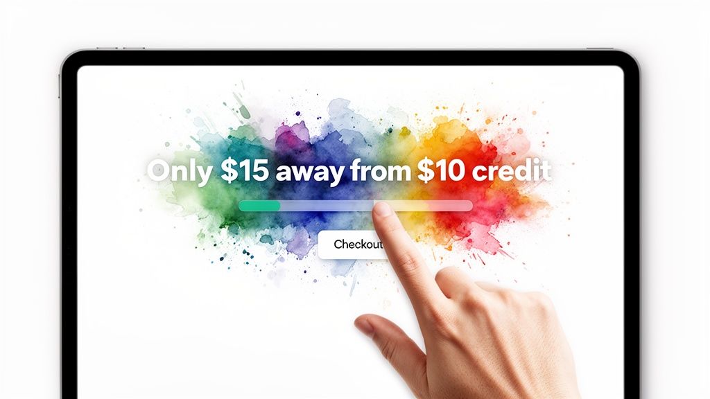 A hand taps a 'Checkout' button on a tablet displaying a loyalty progress bar and credit offer.