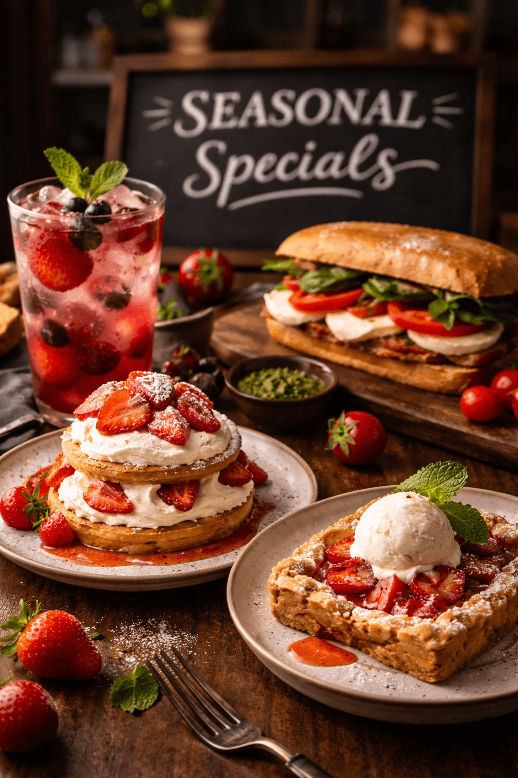 Assortment of seasonal café dishes including dessert plates, a sandwich, and a fruit drink arranged on a table beneath a “Seasonal Specials” sign.